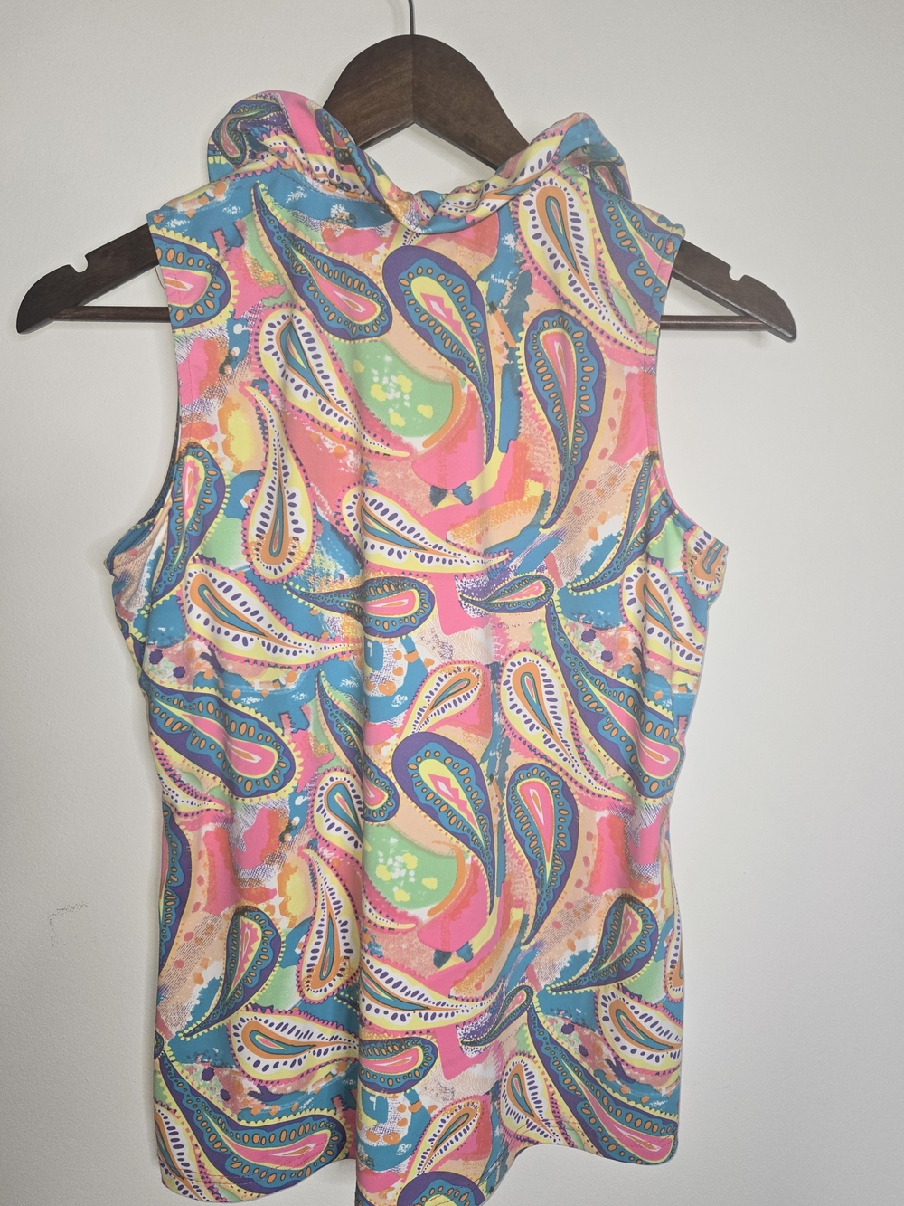 Lulu-B Vibrant Pink, Blue & Green Paisley Ruffle Cowl Neck Top Wrinkle Proof - S - Picture 3 of 9